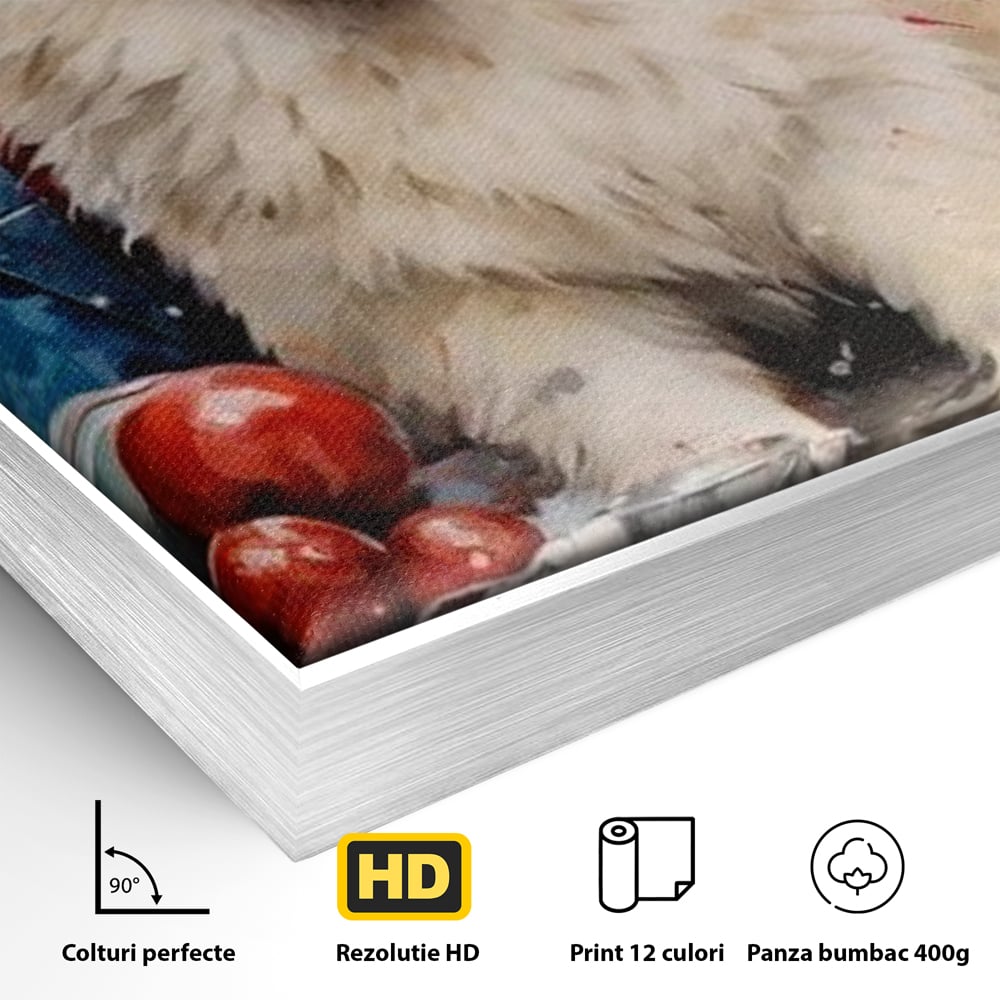 Detaliu al suprafetei: tablou canvas cu catel samoyed, in rama de aluminiu argintiu